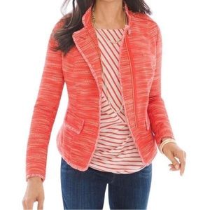 Chico’s Tweed Fringe Hidden Zip Jacket Blazer Size L 12 Garibaldi Orange